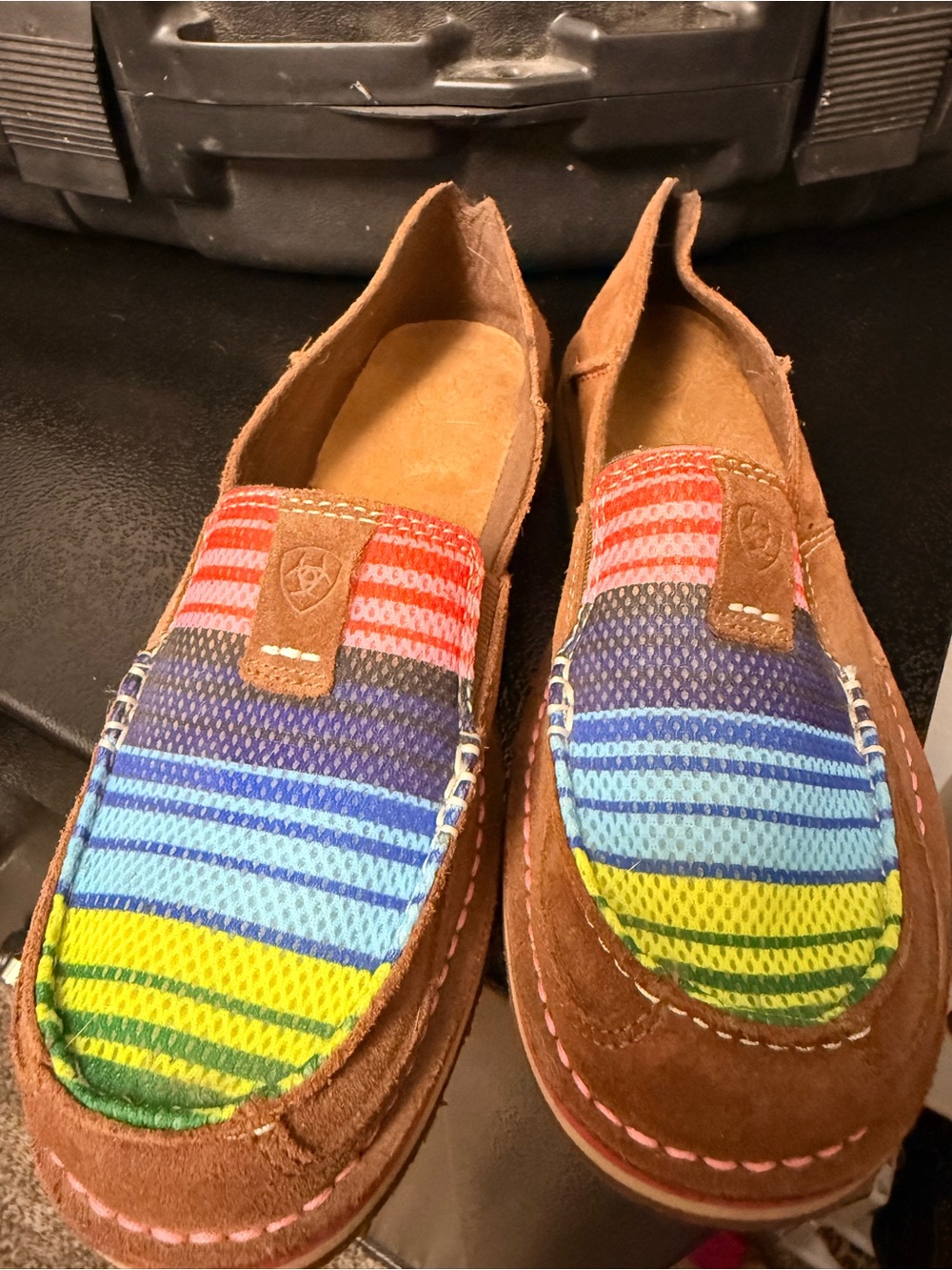 Ariat Brown Suede Slip-On Loafers with Multicolor Striped Knit Upper - Picture 1 of 3